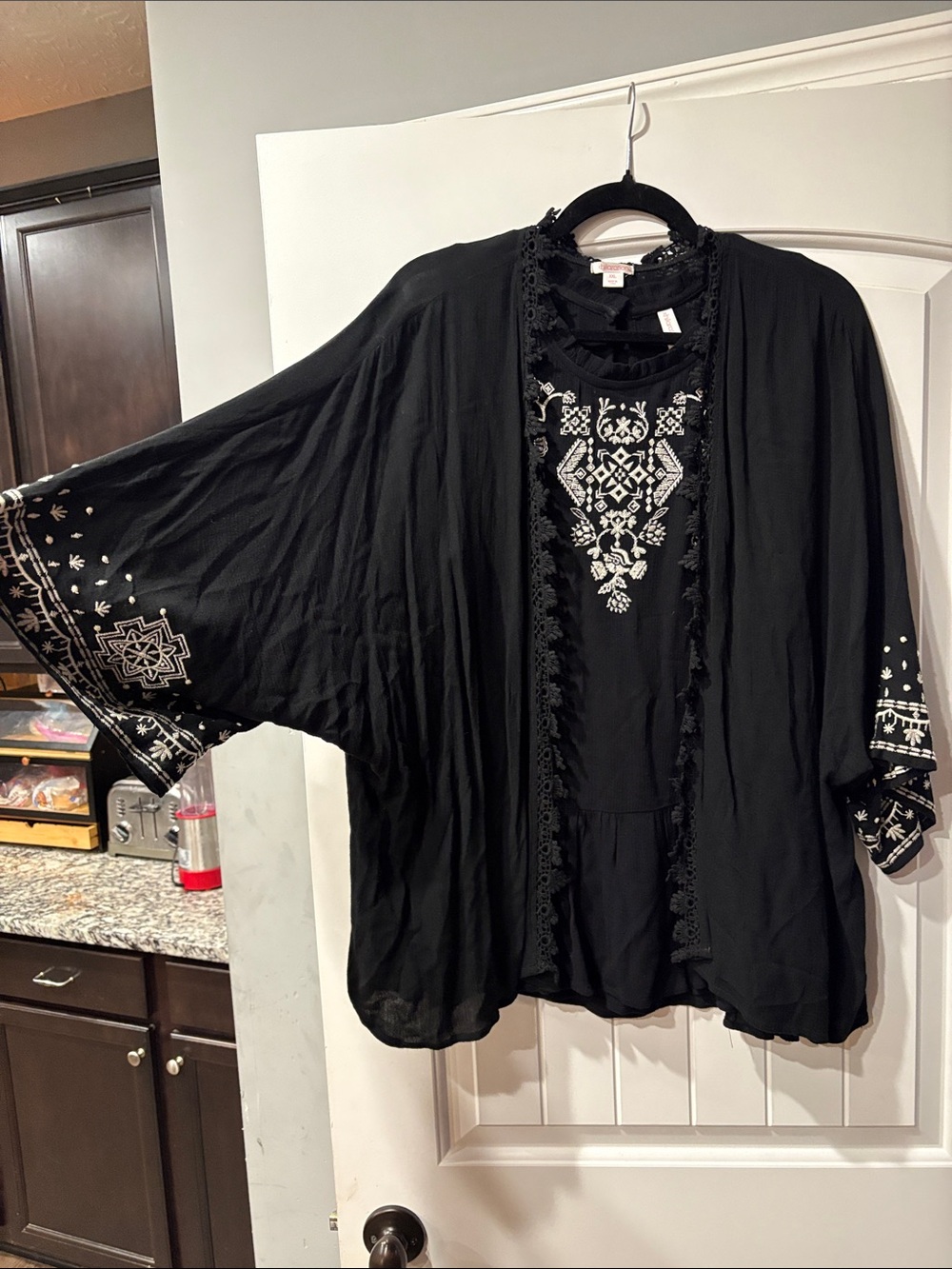 Xhilaration Black Open-Front Embroidered Kimono camisole and matching tank set.